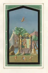 Pintura de paisaje de la Exedra en la casa de Vesonio Primus, un batanero. Cromolitografía de Victor Steeger a partir de una ilustración de Geremia Discanno de Emile Presuhn (1844-1878) Las más bellas pinturas de Pompeya, Leipzig.