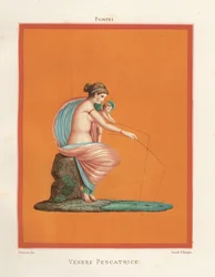 Mural de Venus y Cupido pescando con cañas en un estanque. Se encuentra en Regio V.V.3, la Casa de los Gladiadores. Cromolitografía de Victor Steeger a partir de una ilustración de Geremia Discanno de Emile Presuhn (1844-1878) Las pinturas más bellas de Po