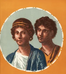 Retrato de un hombre y una mujer de una casa no identificada de Pompeya. Cromolitografía de Victor Steeger a partir de una ilustración de Geremia Discanno de Emile Presuhn (1844-1878) Las más bellas pinturas de Pompeya, Leipzig.