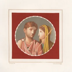 Retrato de un hombre y una mujer de una casa no identificada de Pompeya. Cromolitografía de Victor Steeger a partir de una ilustración de Geremia Discanno de Emile Presuhn (1844-1878) Las más bellas pinturas de Pompeya, Leipzig.
