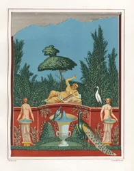 Pintura mural de Baco con pavos reales y fuentes de un muro de jardín en la Casa de Rómulo y Remo, VII.VII.10. Cromolitografía de Victor Steeger según una ilustración de Geremia Discanno de Emile Presuhn (1844-1878) Las pinturas más bellas