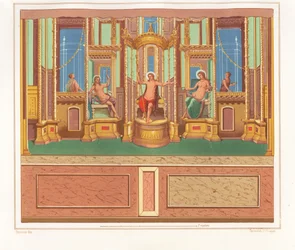 Pintura mural que muestra a Baco, Venus y Apolo desde una zona aislada y sentada en un rincón de un jardín de la Domus M. Herenulli Communis o Casa de Apolo, Reg. VI, Ins. VII, nº 23. Cromolitografía de Victor Steeger a partir de una ilustración de Geremia