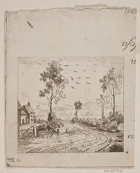 Paisaje con casa junto a un camino con árbol y pájaros volando