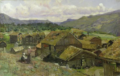 Un pueblo noruego con dos mujeres (óleo sobre lienzo)