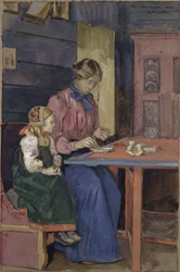 Niña de Hallingdal aprendiendo a enhebrar perlas