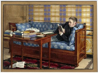 Retrato del poeta Vasili Zhukovsky (1783-1852). (Retrato del poeta Vasili Zhukovsky). Recostado en un sofá, lee, frente a él, pilas de libros sobre una mesa. Obra de Gerhard Wilhelm von Reutern (1794-1865), lápiz y acuarela sobre papel