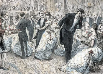 Societe et mondanites: le bal vers 1880 (Alta sociedad y vida social: el baile) grabado de "Les besoins de la vie" de Rengade