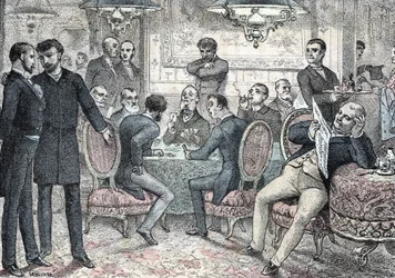 Sociedad y vida social: club masculino de juegos y apuestas grabado de "Les besoins de la vie" de Rengade