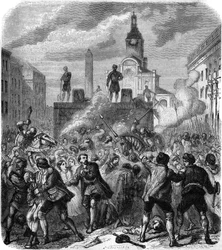 Matanza de Estocolmo, masacres de líderes de la resistencia nacional sueca ordenadas por el rey Christian II de Dinamarca, 8 de noviembre de 1520: el ejército intenta calmar la ira de la población, obligada a presenciar las ejecuciones. Grabado por Gerlier