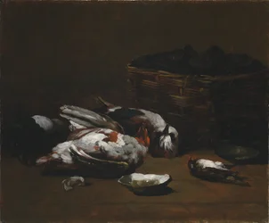 Naturaleza muerta con pájaros muertos y una cesta de ostras, c. 1860 - 1880