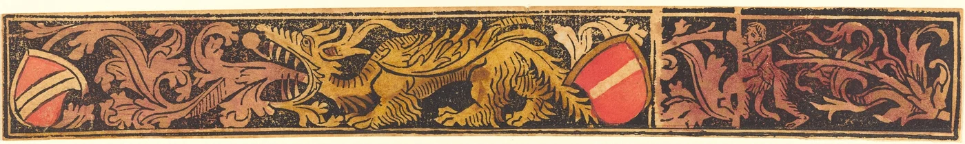 Franja grotesca con dragón, escudos y hombres salvajes