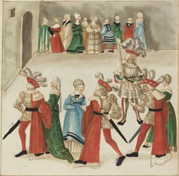 Tres Hombres con Capas Rojas Bailando con sus Parejas