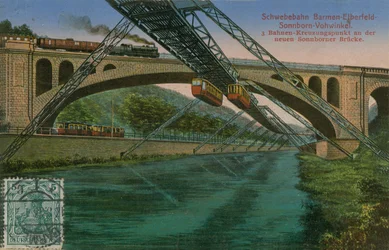 Ferrocarril colgante Barmen-Elberfeld-Sonnborn-Vohwinkel y el nuevo puente Sonnborn, Alemania. Postal enviada en 1913.