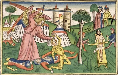 2 Reyes 19 35-37 La venganza de Dios sobre Asiria, de la "Biblia de Nuremberg (Biblia Sacra Germanaica)" (xilografía coloreada)