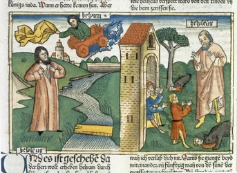 2 Reyes 2:1-24 Elías asciende al Cielo en un torbellino y los niños que se burlaron de Eliseo son devorados por osos, de la Biblia de Núremberg (Biblia Sacra Germanaica)