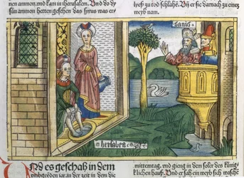 2 Samuel 11:1-5 David ve a Betsabé bañándose, de la Biblia de Núremberg (Biblia Sacra Germanaica)