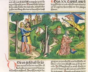 2 Samuel 20 10 Joab mata a Amasa, de la "Biblia de Nuremberg (Biblia Sacra Germanaica)" (xilografía coloreada)