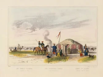Una familia kalmuka (mongola occidental) pastoreando caballos, hoja ilustrada publicada por Joseph Scholz, Mainz, c.1860