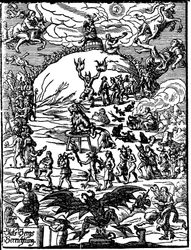 Ceremonia de Sabbath, una cabra que representa al diablo está en el centro, rodeada de brujas y demonios. Grabado alemán del siglo XVI
