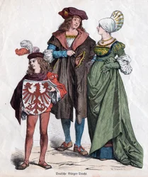 Una familia burguesa. Trajes alemanes del siglo XVI del "Munchener Bilderbogen", Alemania, c.1880