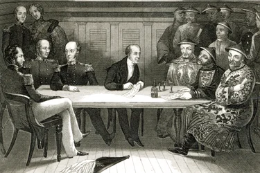 Una conferencia en Chusan entre el comodoro Bremer y Chang, un oficial chino, a bordo del HMS Wellesley, 4 de julio de 1841