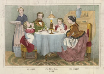 Una familia en su comida vespertina, hoja ilustrada publicada por Haider & Cronberger, Stuttgart, 1860