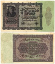 Un billete de cincuenta mil marcos, 1922 (anverso y reverso)