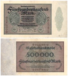 Un billete de quinientos mil marcos, 1923 (anverso y reverso)