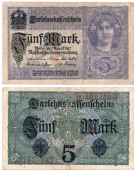 Un billete de cinco marcos, 1917 (anverso y reverso)