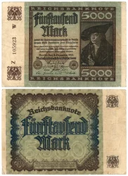 Un billete de cinco mil marcos, 1922 (anverso y reverso)