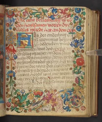 Borde completo habitado por animales y un putto, Add. MS 24153, f.54r (tinta y color sobre pergamino)