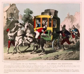Una pareja de luna de miel es atacada por bandidos en Italia, hoja ilustrada publicada por Gangel & P. Didion, Metz, c.1850
