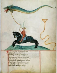 Un caballero sosteniendo un ciervo volador dragón. Página de manuscrito de la escuela alemana del siglo XV. 1405 Gotinga, biblioteca de la Universidad