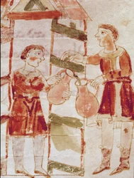 Un comerciante de vino en miniatura tomado del volumen De tabernae, manuscrito De Universo (o De rerum naturis) (cod. 132) de Rabanus Maurus Magnentius (ca. 780-856)
