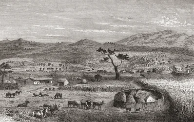 Un asentamiento en Kouihara, África Occidental, ilustración de 