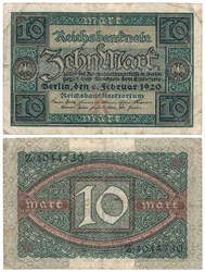 Un billete de diez marcos, 1920 (anverso y reverso)