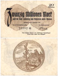 Un billete de veinte millones de marcos, 1923 (anverso y reverso)