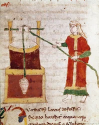 Una mujer sacando agua del pozo. Miniatura tomada del volumen De puteis del manuscrito De Universo (o De rerum naturis (De la naturaleza de las cosas)) de Rabanus Maurus Magnentius (ca. 780-856)