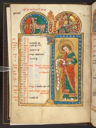 Agregar. 60629, f.2v abril, parte de 12 páginas de calendario en oro y colores, con marcos arquitectónicos que contienen cada uno un signo del zodíaco, un apóstol y un trabajo del mes (vitela)