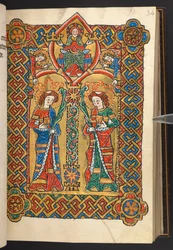 Agregar. 60629, f.34 Cristo y ángeles coronan a dos santos monásticos (vitela)