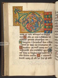 Agregar. 60629, f.43v Grandes iniciales enmarcadas en oro y colores con adornos foliados y, a veces, zoomorfos y antropomorfos (vitela)