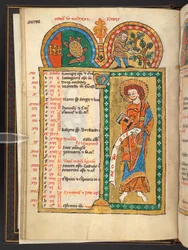 Agregar. 60629, f.5v Octubre. 12 páginas de calendario en oro y colores, con marcos arquitectónicos que contienen cada uno un signo del zodíaco, un apóstol y un trabajo del mes.  Salterio. Salterio Iluminado con Calendario, Cánticos y Letanías para uso de 
