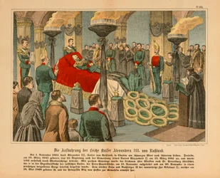 Alejandro III de Rusia en estado el 1 de noviembre de 1894, hoja ilustrada publicada por C. Burckhardt, Weissenburg, 1894