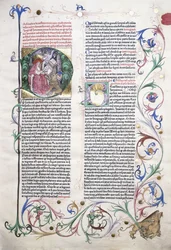 Una página iluminada que representa a San Jerónimo en su estudio, y un borde que incorpora un grifo atacado por tres hombres, 1470
