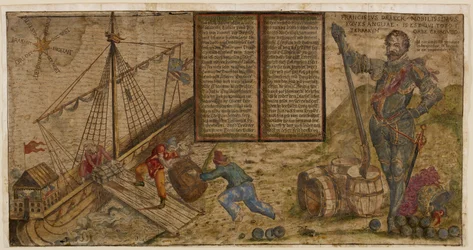 Folleto ilustrado que celebra la campaña de Francis Drake contra los españoles, ilustración de "Hier steh ich Drach in Engelandt" (pluma y tinta con aguada sobre papel).