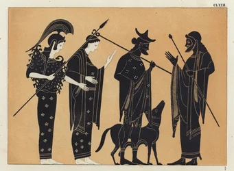 Figuras de la antigua Grecia, incluyendo a Atenea, con perro