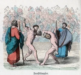 Historia Antigua. Grecia. Competiciones atléticas. Lucha. Alemán ... (grabado)