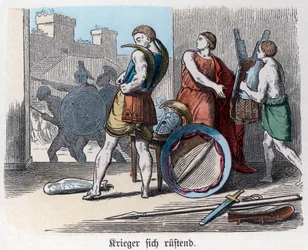 Historia Antigua. Grecia. Guerreros griegos armándose para la guerra. ... (grabado)