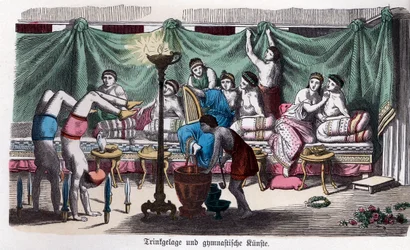 Historia Antigua. Grecia. Escena de un banquete y juegos gimnásticos. ... (grabado)