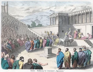 Historia Antigua. Grecia. Teatro, representación de Agamenón. Alemán ... (grabado)